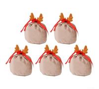 Valixirant Holiday Festive Nativity Décor 5-pack 3d Christmas Reindeer Drawstring Present - Velvet Items Antler Structure - Reusable Bags Candy Bags Gifts Treats Toys with Small(Brown antlers)