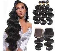 Vallbest Brazilian Body Wave Bundles with Lace Closure Virgin Human Hair 10A Wet and Wavy Bundles With Closure(12 14 16+10)100% Unprocessed 3 Bundles with 4x4 Lace Closure with Baby Hair Extensions