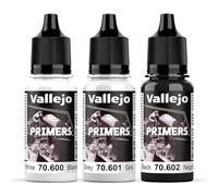 Vallejo Acrylic Polyurethane Surface Primer | White, Grey & Black 18ml 0.6 fl oz Bottles (with Eyedropper) | Fast-Drying, High Adhesion Primer for Miniatures & Scale Models