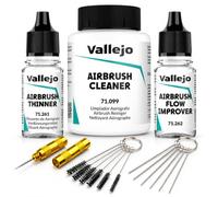 Vallejo Airbrush Cleaning Kit - 85ml Airbrush Cleaner, 17ml Thinner, 17ml Flow Improver, Cleaning Brushes, Needle & Nozzle Cleaning Tools - Airbrush Maintenance Set for Model Painting