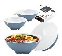 VALLENWOOD 4 XL Gray White bowl set, 12 Pieces Ramen Bowls. Asian Japanese soup w/ Spoons & Chopsticks. Restaurant Quality Melamine, Large 52 oz Noodles, Pho, Udon, Thai, Chinese dinnerware, 9 inch
