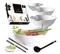 VALLENWOOD 4 XL White Bowls Set, 16 Pieces Pho Bowl Set, Ramen with Black XL Spoons, Chopsticks and Sauce Dishes. Melamine, Large 52 oz for Noodles, Udon, Thai, Chinese dinnerware.