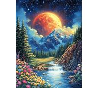 Valley at Sunset with Red Moon 500 Pc DIY Jigsaw Puzzle Fairy Tale Animal Plant Puzzles for Adults Teens Hard Challenging Team Building Stress Reducing Autumn Sturdy Wooden Cardboard 500 PCS