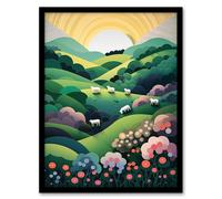 Artery8 Valley Of The Sheep Modern Digital Aesthetic Sunrise English Countryside Simple Flat Artwork Framed Wall Art Print A4