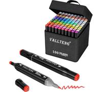 Vallteng Alcohol Markers Set 100 Colours,Permanent Art Markers Set,Dual Tips Colouring Pens for Adult Drawing Coloring Illustration Graphic Designing with Carrying Case and Base