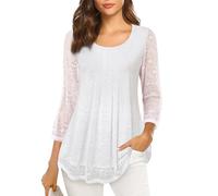 VALOLIA Women's 3/4 Sleeve Tunic Tops Casual Loose Fit Floral Blouses Mesh Pleated Layered Shirt, Lace White, Medium