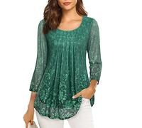 VALOLIA Women's 3/4 Sleeve Tunic Tops Casual Loose Fit Floral Blouses Mesh Pleated Layered Shirt, Multicolor Green-2, XL