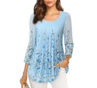 VALOLIA Women's 3/4 Sleeve Tunic Tops Casual Loose Fit Floral Blouses Mesh Pleated Layered Shirt, Multi Blue, M
