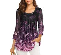 VALOLIA Women's 3/4 Sleeve Tunic Tops Casual Loose Fit Floral Blouses Mesh Pleated Layered Shirt, Pink Sakura, XXXL