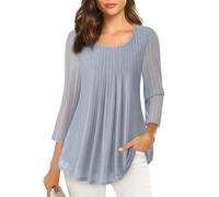 VALOLIA Women's 3/4 Sleeve Tunic Tops Casual Loose Fit Floral Blouses Mesh Pleated Layered Shirt, Sparkly Grey, XXL