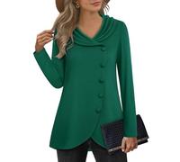 VALOLIA Womens Long Sleeve Tops Fall Winter Buttons Side Tulip Hem Lapel Pullover Sweatshirt, Forest Green, M