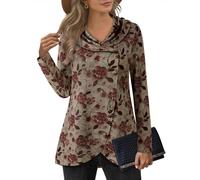 VALOLIA Womens Long Sleeve Tops Fall Winter Buttons Side Tulip Hem Lapel Pullover Sweatshirt, Red Plum Blossom, L