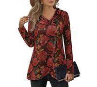 VALOLIA Womens Long Sleeve Tops Fall Winter Buttons Side Tulip Hem Lapel Pullover Sweatshirt, Red Rose, M