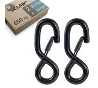 valonic CLAW - 2x heavy duty S hook with safety catch, rubberised, 650 kg, carabiner hook with eyelet, for tension belts, trailers, webbing, tarpaulins, poles, black