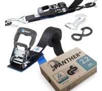 valonic PANTHER - 2x motorcycle tie down straps with hooks, 2.25m, 38mm, 650/1300 Kg, padded, TÜV Rheinl. & GS certified, DIN EN 12195-2 - short tensioning distance, black ratchet strap for trailer