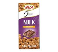 Valor 0% Added Sugar Chocolate Bar - Milk and Almonds Diabetic Chocolate Bar - Made with Fine Cocoa, Sweetened with Stevia, Gluten Free, by Master Chocolatiers - 150g Bar