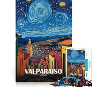 Valparaiso Chile Starry Night Art Adults 1000 Pieces Puzzle Mental Fun Game Advanced Laser Cutting Tech Amusing Challenge for Waiting Time (38x52cm)
