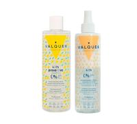Valquer Preventive Children's Pack Formula Zero Shampoo 400 ml and Biphasic Conditioner 300 ml. Protects, moisturizes, and softens hair with Tea Tree Oil and Lemon Essential Oil. Vegan.