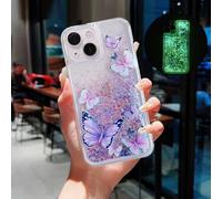 VALRION Compatible with iPhone 13 Glitter Butterfly Case Glow in The Dark Women Girls Girly Bling Sparkle Flowing Quicksand Light up Case Soft TPU Bumper Luminous Clear Phone Cover, Purple