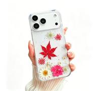 VALRION Compatible with iPhone 17 Pro Max Clear Cute Glitter Case Pressed Maple Leaf Dried Flowers and Slim Soft TPU Shockproof for Women Girls Phone Cover