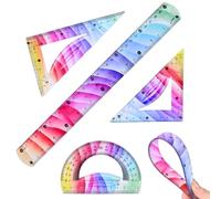 Valtiner 4 Pcs Flexible Ruler Set, 30 cm/ 12 Inch Straight Edge, Triangle Rulers and Protractor, Colorful Aesthetic Plastic Math Geometry Kit, Measuring Tool for School Home Office (12 Inch)