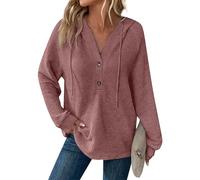 Valtorixia Women's Waffle Loose Hoodie Drawstring Button Front V Neck Contrast Binding Hoodie Pullover Sweatshirt, light purpleA1, M