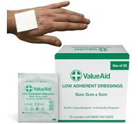 Value Aid 25 x Low Adherent Dressing Pads - 5cm x 5cm Hypoallergenic Sterile Wound Care, Non-Stick Surface for Gentle Removal - Individually Wrapped Medical Dressings for Cuts & Grazes