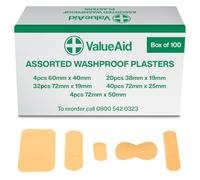 Value Aid Assorted Washproof Plasters - Pack of 100 Individually Wrapped Hypoallergenic, Latex-Free Adhesive - 5 Popular Sizes for First Aid Kit & On-The-Go Medical Supplies