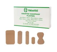 Value Aid Assorted Washproof Plasters - Pack of 100 Individually Wrapped Hypoallergenic, Latex-Free Adhesive - 5 Popular Sizes for First