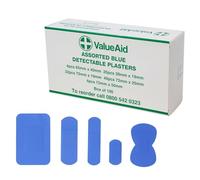 Value Aid Blue Detectable Plasters - Box of 100 Assorted Plasters for Catering Kitchens and Food Handling - Latex Free Washproof Assorted Sizes with Hypoallergenic Adhesive - Individually Wrapped
