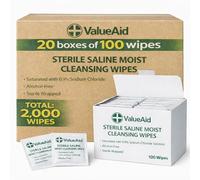 Value Aid Sterile Saline Moist Cleansing Wipes 2000 Bulk Pack - 20 Boxes of 100 Individually Wrapped Wipes - Alcohol Free Single Use Skin Cleansing Wipes for First Aid
