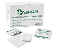 Value Aid Sterile Saline Moist Cleansing Wipes Box of 100 - Alcohol Free 0.9% Sodium Chloride Skin Cleaning Wipes - Individually Wrapped First Aid Wipes 80 x 80mm Sachets