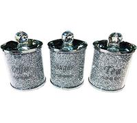 Value For Money - Fabulous Diamond Crushed & Crystal Filled Set of 3 Kitchen Storage CANISTERS Tea Coffee Sugar Jars - Unique Collection to Your Kitchen Decor (Silver)
