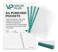 Value Plus A4 Punched Pocket (Pack of 100) | Glass Clear 65 Micron Plastic Wallets A4 | Heavy Duty Poly Pockets with Reinforced Teal-Green Strip | Anti-Glare Top Opening Ring Binder Sleeves & Folders