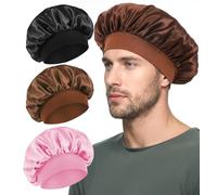 ValueBargain 3 Pcs Bonnets for Men, Bonnet Men Double Layer Satin Sleep Cap with Soft Elastic Band for Curly Hair & Braids (Black, Pink, Coffee)