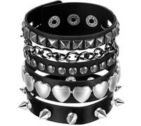 ValueBargain 3 Pcs Spiked Bracelets, Studded Bracelet with Spikes & Studs, Adjustable Spiked Cuffs for Men & Women, 80s Rock Wristband, Black Leather