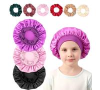 ValueBargain 3Pcs Kids Bonnets for Girls, Soft Satin Hair Bonnet for Sleepin Bonnets with 6 Scrunchies, Cute Design Comfortable Sleep Cap for Curly Hair & Braids, Toddler & Teens, Multi-Color