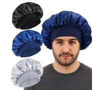 ValueBargain 3Pcs Silk Bonnet Men, Bonnets for Men Double Layer Satin Sleep Cap with Soft Elastic Band for Curly Hair & Braids, Reversible Design