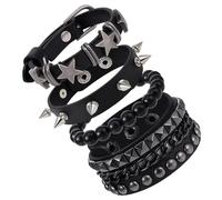 ValueBargain 4PCS Black Studded Bracelet, Leather Cuff Punk Bracelet Set, Emo Accessories for Men Women 80s Emo Goth Christmas Halloween Costumes