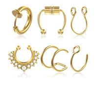 ValueBargain 6Pcs Fake Nose Ring Gold Fake Septum Piercing Studs, 6 Style Clip On Nose Rings, Non Pierced Comfortable Hoop Cuff for Women, Easy to Wear & Stylish