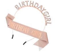 ValueBargain Birthday Headband Girl, Glitter Happy Birthday Girl Headband Tiara Crown & Sash with Rhinestones for Girls, Women (Rose Gold)