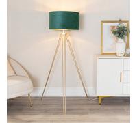 Valuelights Aero Hairpin Gold Tripod Floor Lamp With Forest Green Velvet And Gold Drum Lamp Shade And Led Bulb