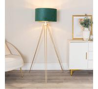 Valuelights Aero Hairpin Gold Tripod Floor Lamp With Velvet And Gold Drum Lamp Shade & Bulb In Bottle Green Bottle Green One Size