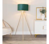 Aero Hairpin Gold Tripod Floor Lamp with Velvet and Gold Drum Lamp Shade & Bulb ValueLights Bottle Green One Size