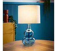 Valuelights Aida Natural Linen Tall Lamp Shade Blue Bubble Glass Table Lamp With Led Bulb