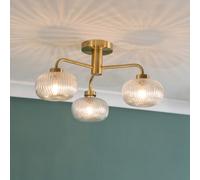 Valuelights Amaia Brushed Gold Ip44 3 Way Clear Ribbed Glass Ceiling Light With Led Bulbs