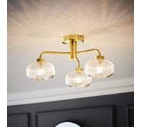 ValueLights | Gold 3 Way Ceiling Light Fitting with Clear Ribbed Lampshade | Close-to-Ceiling Lights, Home Décor & Improvement Essential | IP44 Bathroom | Mains Wired