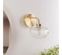 Valuelights Amaia Brushed Gold Ip44 Single Clear Ribbed Glass Wall Light With Led Bulbs