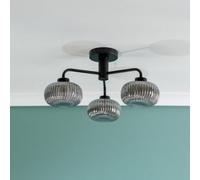 Valuelights Amaia Matte Black Ip44 3 Way Smoked Ribbed Glass Ceiling Light With Led Bulbs