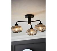 ValueLights | Matt Black 3 Way Ceiling Light Fitting with Smoked Ribbed Lampshade | Close-to-Ceiling Lights, Home Décor & Improvement Essential | Includes Bulb